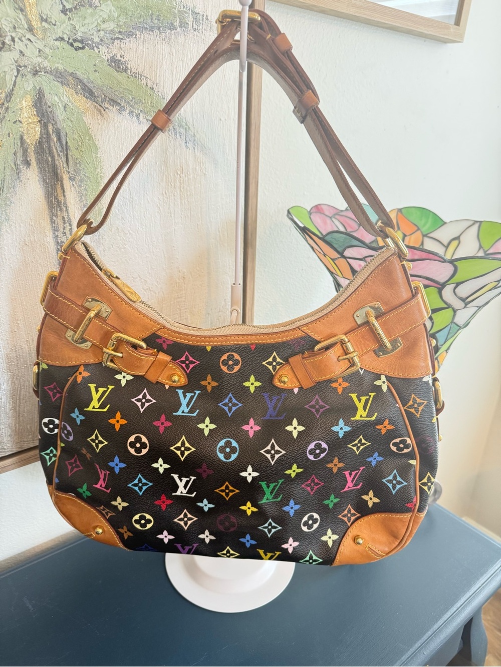 Louis Vuitton Multicolor Monogram Black Canvas Shoulder Bag with Tan Trim